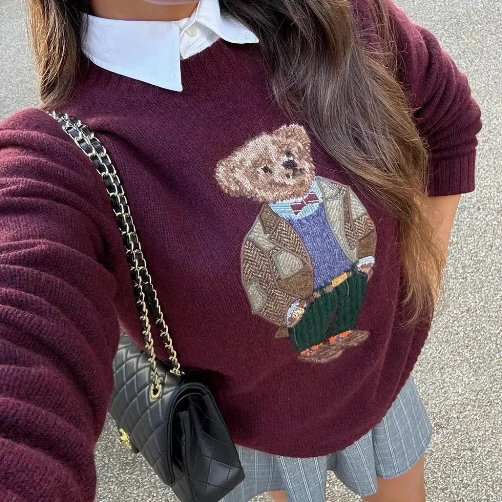 Lovely Wine Red American Preppy Style Cute Bear Cashmere Sweater Embroidery Brocade Sweaters Winter Thermal Warm Pullover Women