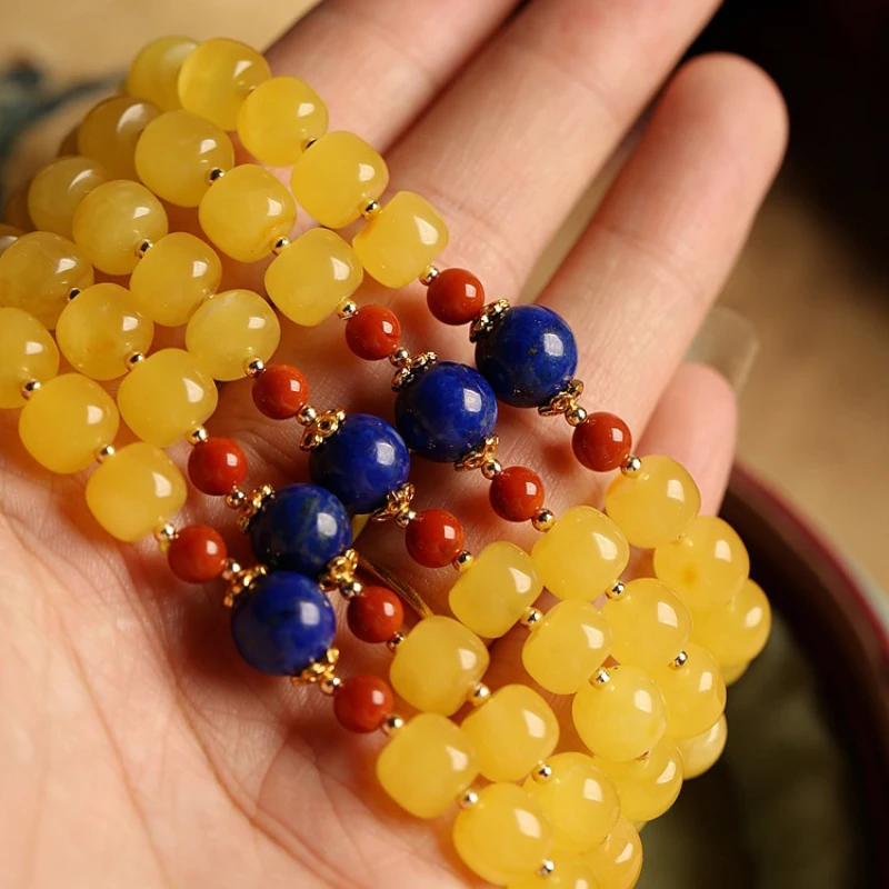 

Classic Yellow beeswax Beaded charm bracelet for women Ethnic Style Classic Unique design Lapis lazuli bangles Jewelry