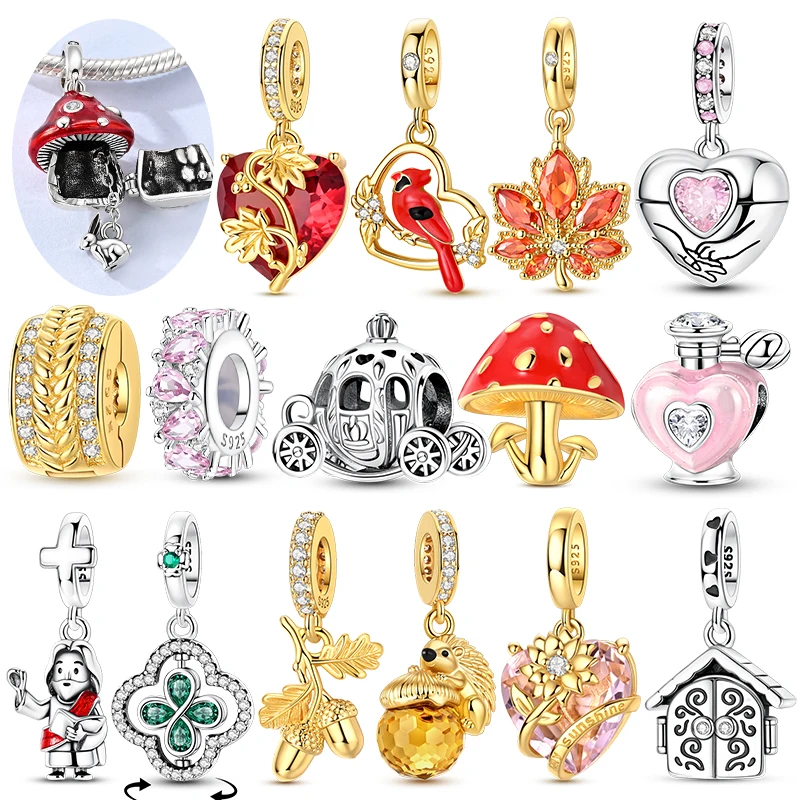 2026 925 Sterling Silver Charms Pendant Golden Lucky Four-leaf Clover Mushroom Bead Fit Bracelet Bangle DIY Jewelry Making Gift