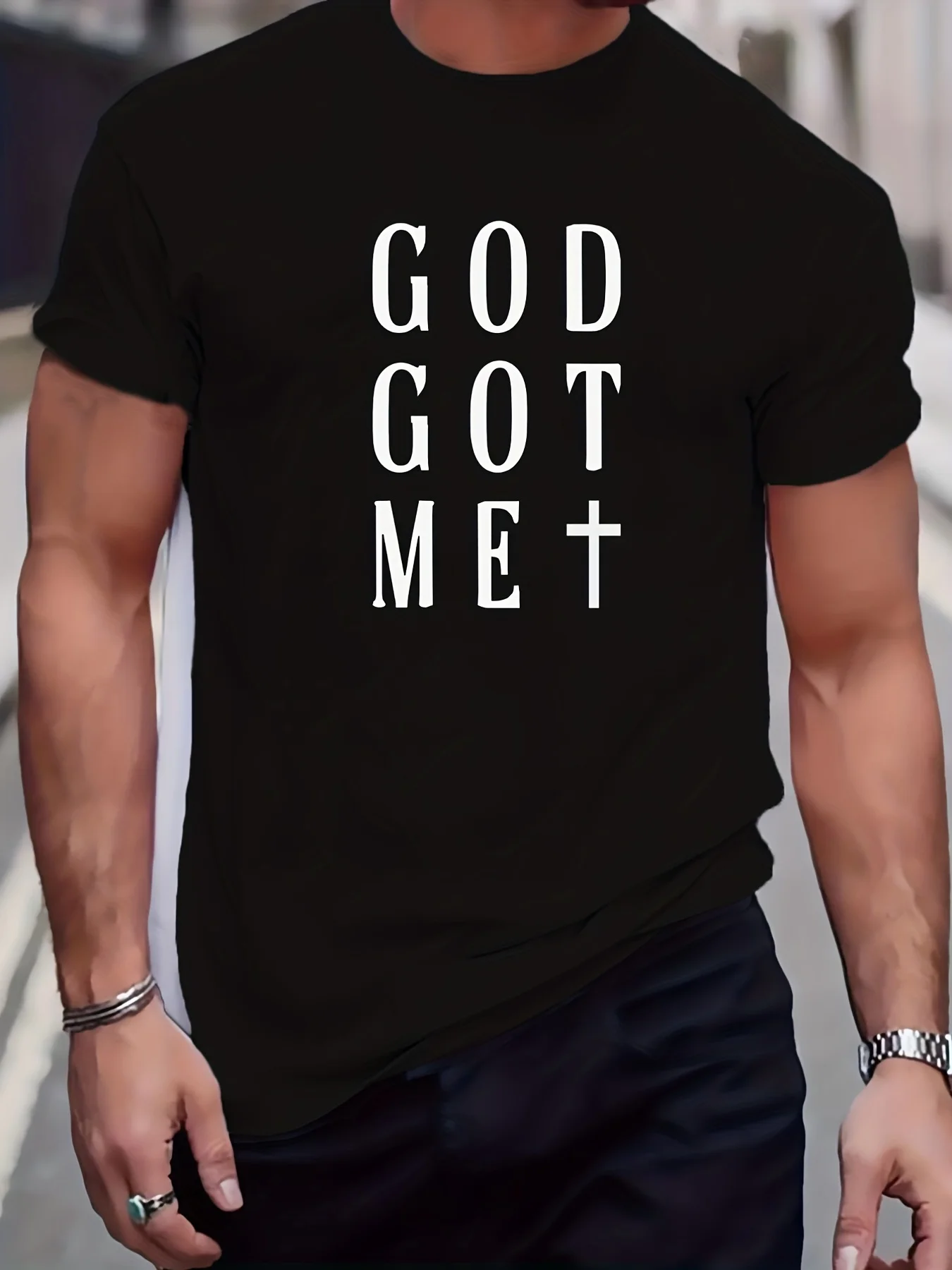 

MenS Plus Size Casual T-Shirt God Got Me Print Crew Neck Short Sleeves Polyester 95% Spandex 5% Medium Stretch Regular Fit
