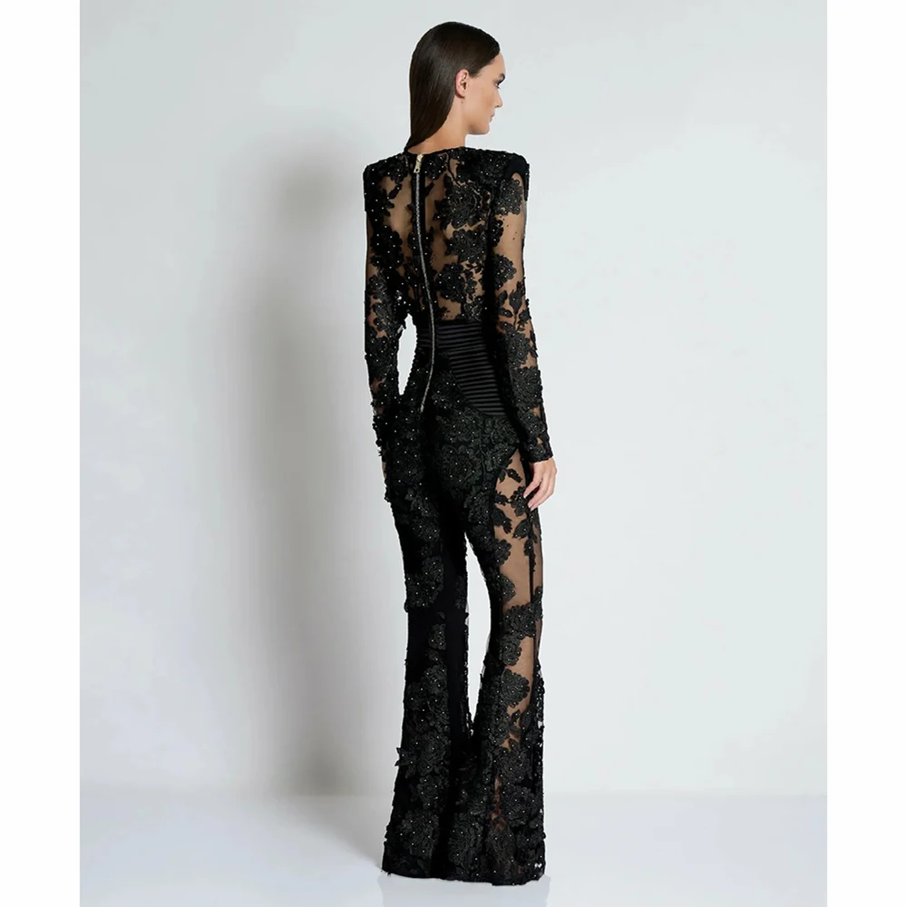 New Style of Women's Temperament Deep V-Neck One-Piece Pants Splicing Lace Hollow-Out Hot Drill Long Sleeve Evening Gown