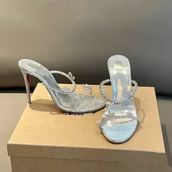 Straight with Silver Rhinestone Sandals Women's Stiletto Heel 2025 Summer New Crystal Transparent Sandals Temperament High Heels