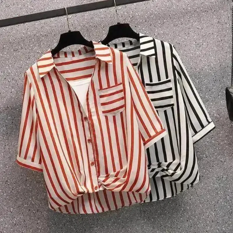 Plus Size Striped Contrast Patchwork Blouse Summer Short Sleeve Polo Neck Loose Office Shirt Tops Casual Vintage Women Clothing