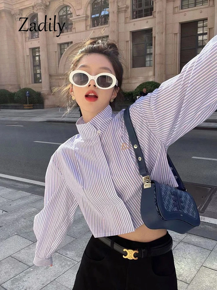 Long Sleeve Striped Blouse for Women, Office Lady, Button Up Embroidery, Stand Neck, Crop Tops, Korean Style, Summer, 2024