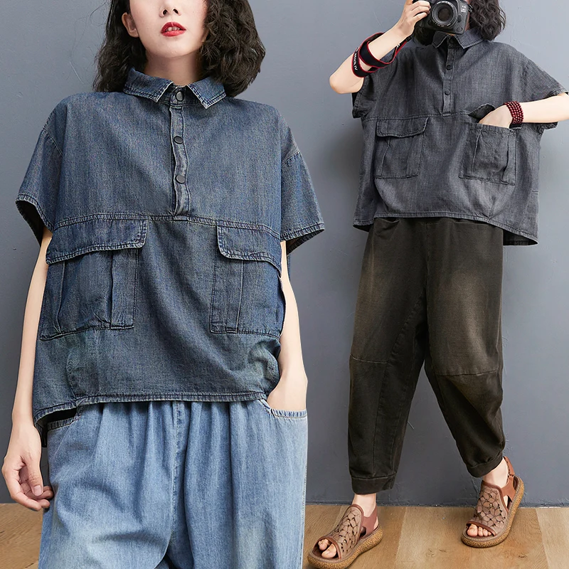 

Women Safari Style Short Sleeves Coat Summer Pollover Loose Denim Outwear New Arrival Jeans Tops