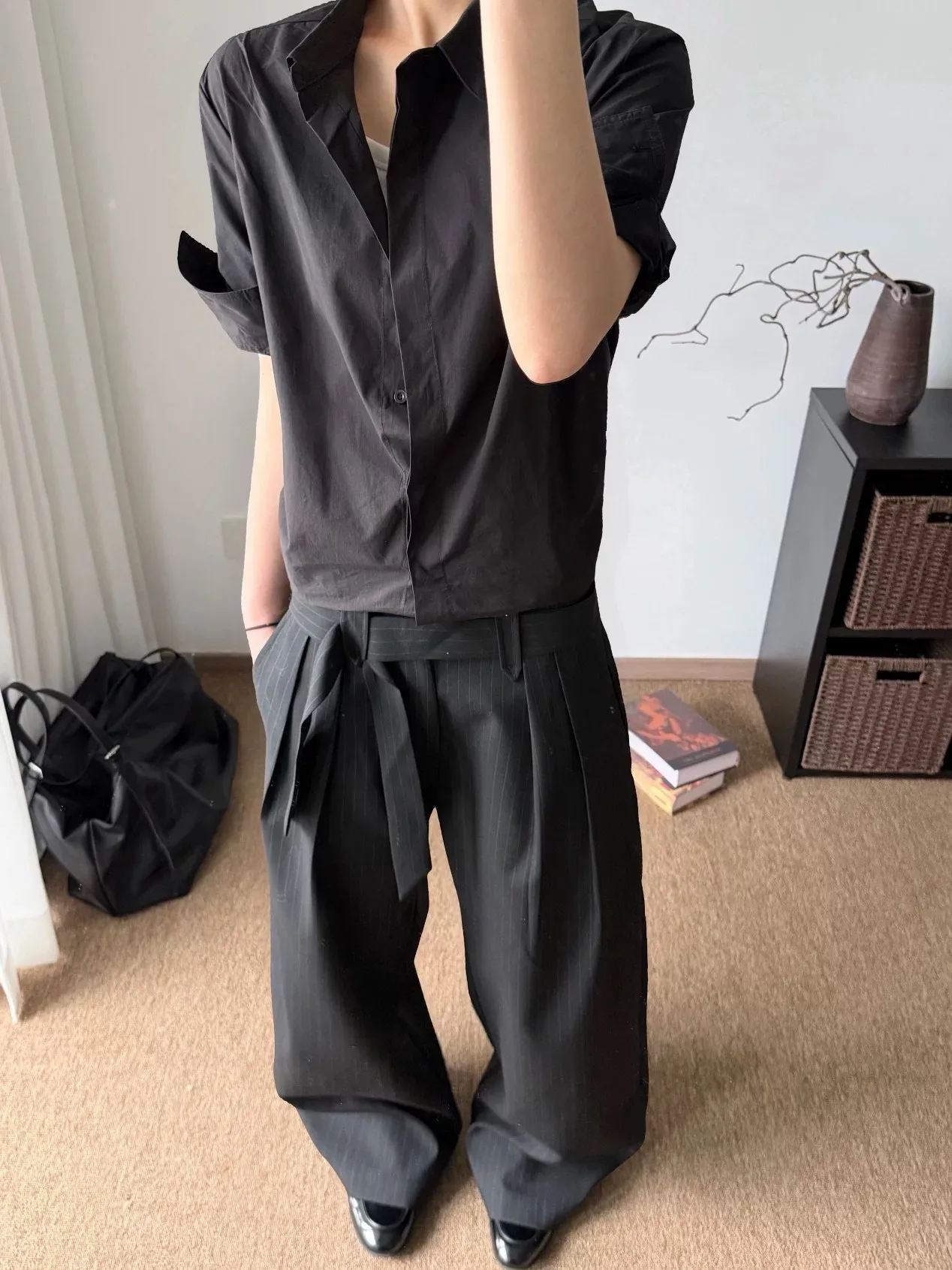 Casual Men's Khaki Pants Stripe Judo Style Mixed Fabric Drapey Loose Fit Autumn Commuter Trousers American Style Flat Front