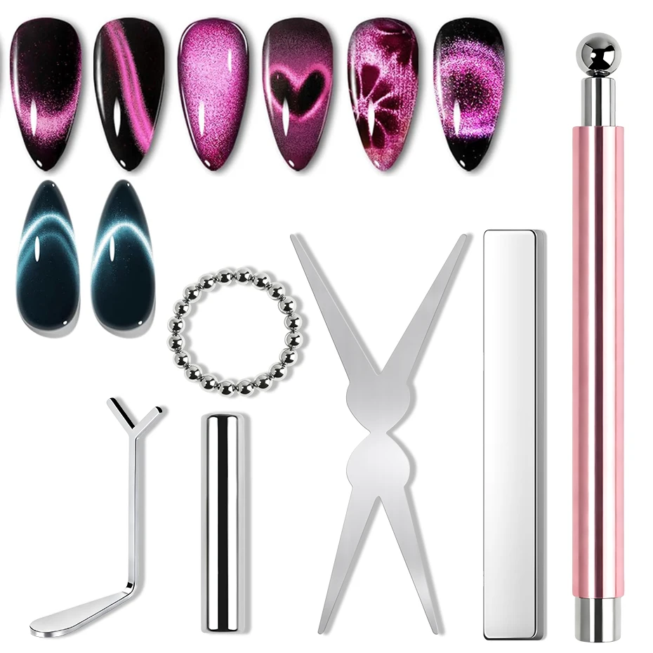 Set de 6 Imanes de Ojo de Gato para Uñas, Puntas Francesas, Corazones, Palos Magnéticos para Gel Polish