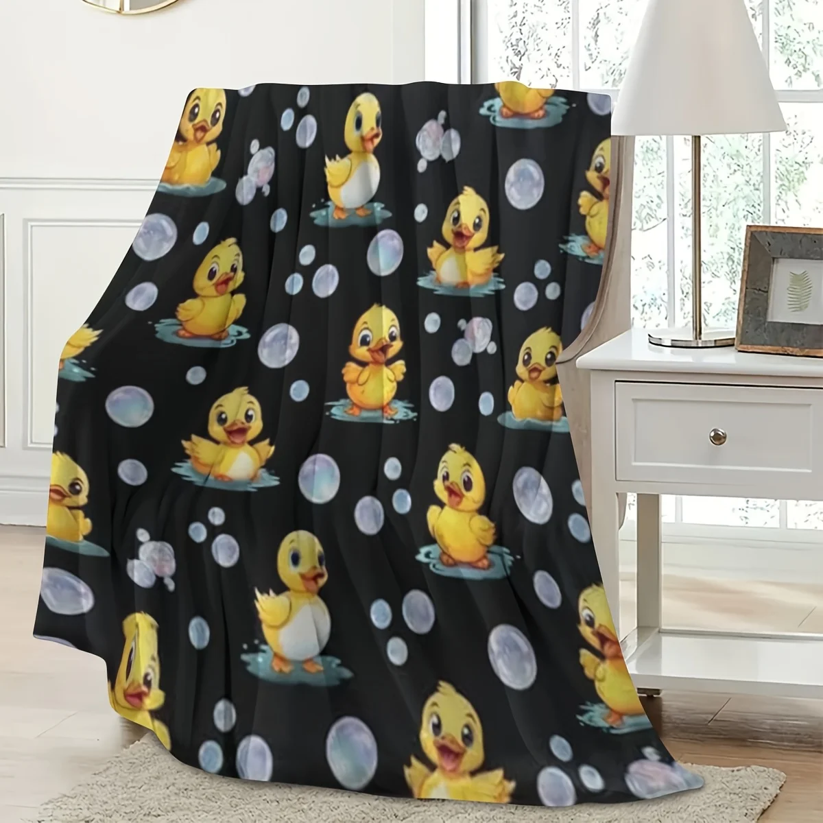 Yellow Duck Bubble Cartoon Pattern Flannel Throw Blanket, Cozy Soft Warm Blanket for Bed Couch Travel Birthday Holiday Gift