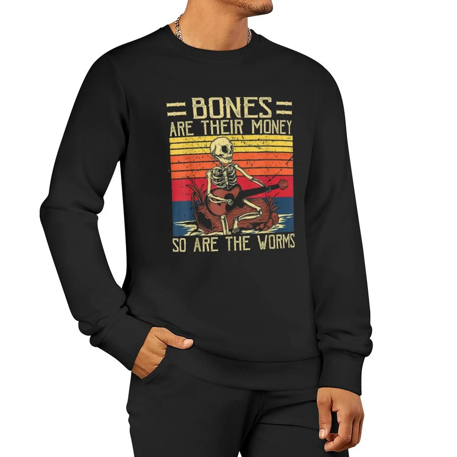 

Bones Are Their Money Skeleton Playing Guitar Retro Vintage Sweatshirt tracksuit hooded sweatshirt for men