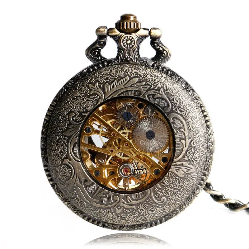 Steampunk Pocket Watch Bronze Tone Case Men's Mechanical Windup Chain Roman Numeral Display Nice Gift