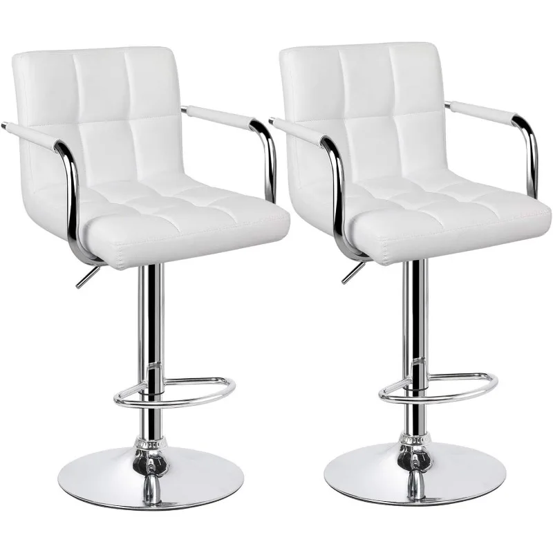 Bar Stools Set of 2, PU Leather Adjustable Swivel Barstools, Hydraulic Kitchen Counter Height Bar Chairs , White