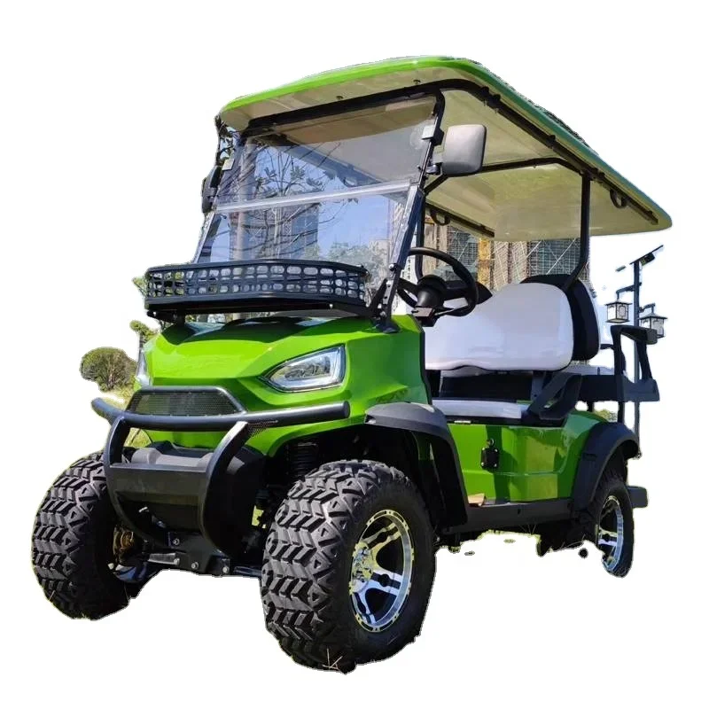 Dynamic And Versatile 2+2 Seater Green Off-Road Golf Cart Car, Electric Drive, Effortlessly Navigates Complex Terrain