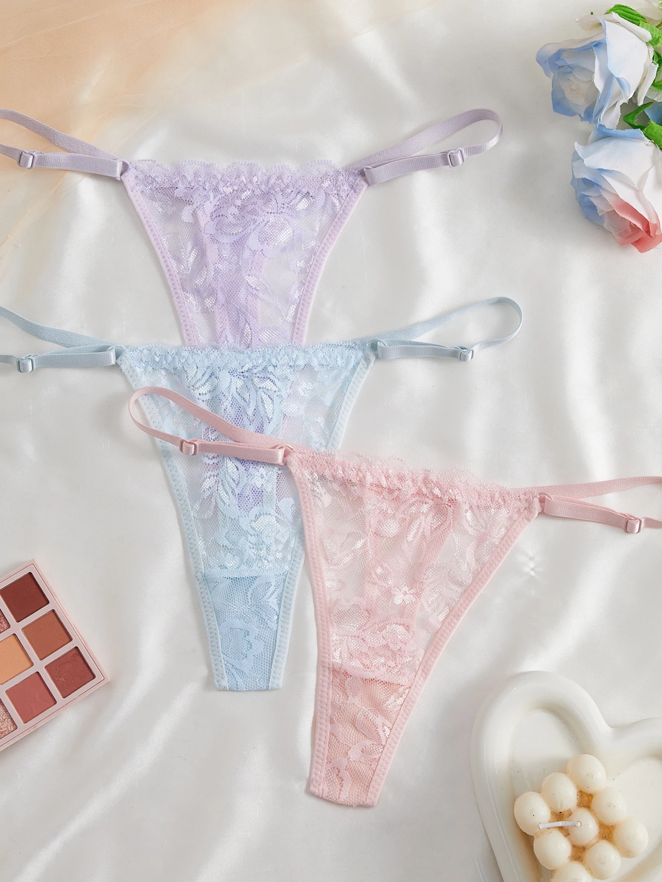 3-teiliges Set Spitzen-Stringtangas für Damen, sexy, verstellbarer dünner Bund, Intimwäsche – Detail 7