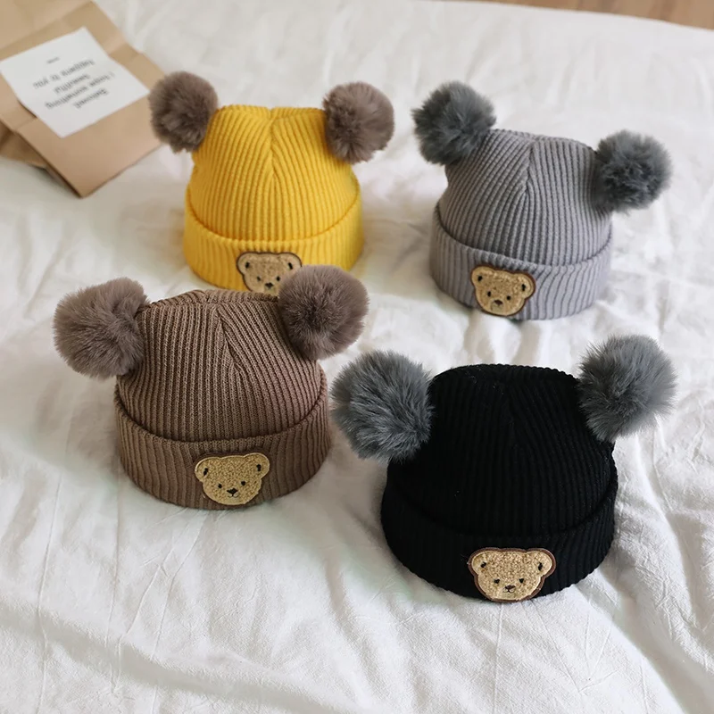 Winter Autum Children Baby Warm Knitted Hat With Pom Cute Bear Pattern Knit Beanie Cap for Infant Newborn Boys Girls Accessories