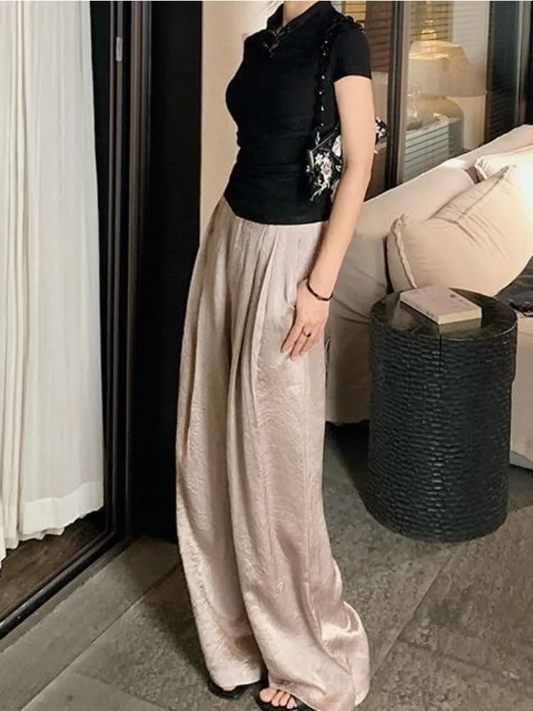 HOUZHOU Youthful Woman Baggy Satin Suit Pants Y2k Oversize Harajuku Korean Fashion Trousers Vintage Summer Old Money Luxury