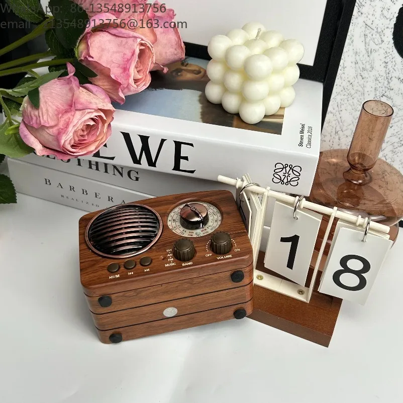 Vintage Portable Full Band Radio Bluetooth Speaker TF Card Player, Desktop Computer Audio Exquisite Ornament