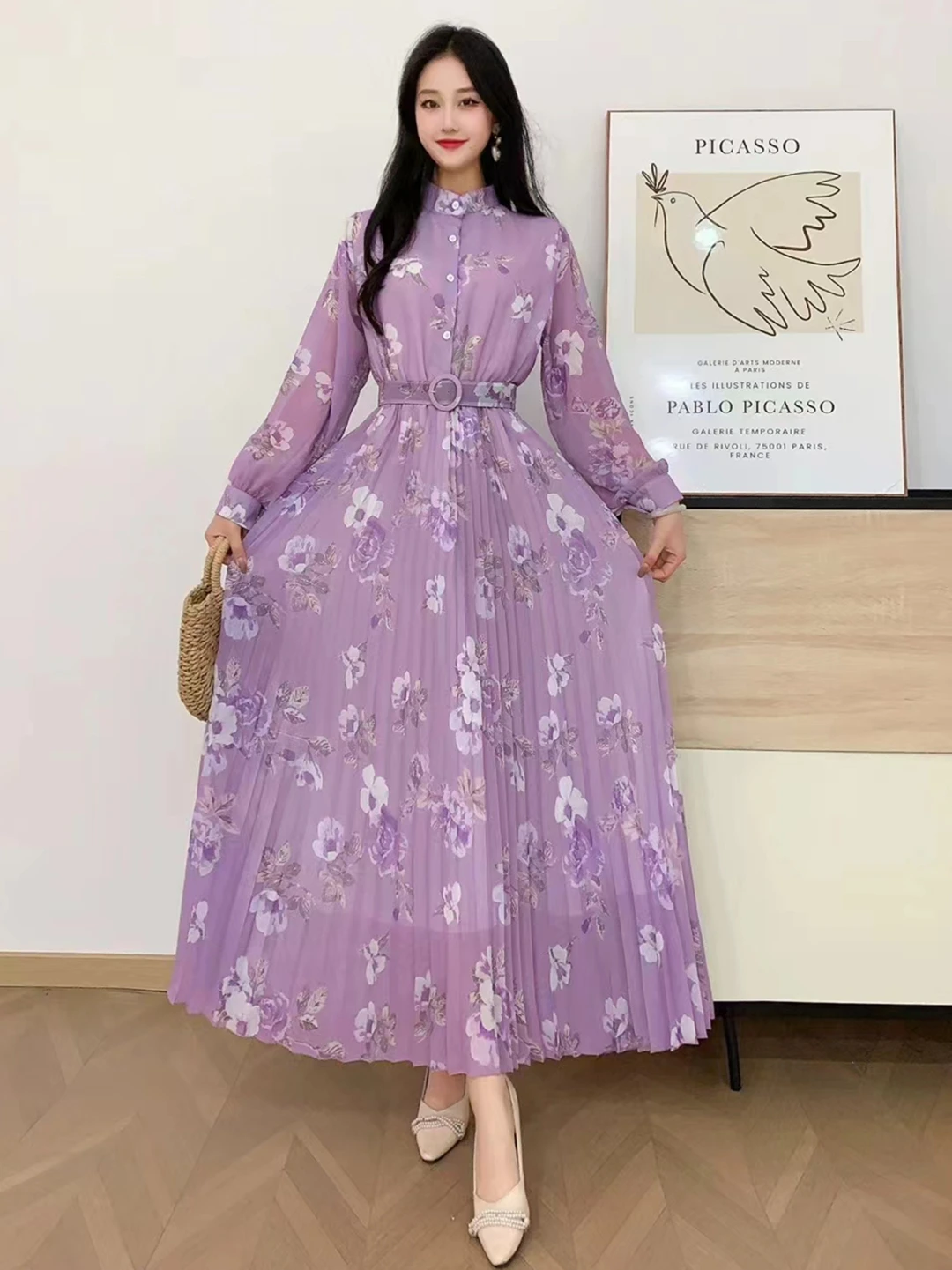 2024 New Spring Autumn Women Long Sleeve Belt Slim Long Dress High Quality Sweet Flowers Print Pleated Big Hem Chiffon Dress