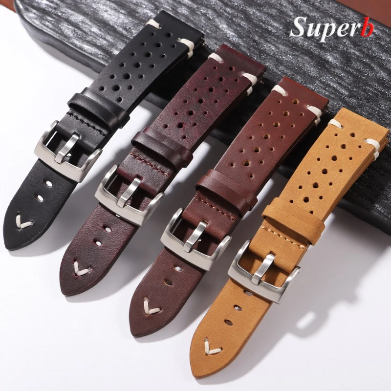 النفط الشمع جلد البقر جلد طبيعي حزام (استيك) ساعة 20 مللي متر 22 مللي متر اليدوية الرجعية حزام الصلبة الصلب أبازيم للرجال النساء تنفس سوار