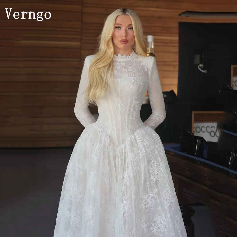 Verngo Elegantes Spitzen-Brautkleid mit hohem Kragen, langen Ärmeln, A-Linie, luxuriöse Brautkleider für Damen, maßgeschneidert.