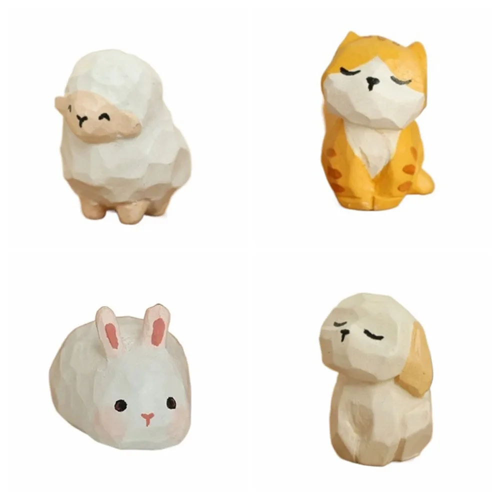 Cartoon Characters Wooden Carving Cat Ornament Sheep Crafts Animals Ornament Cute Handmade Small Rabbit Model Desk Decor