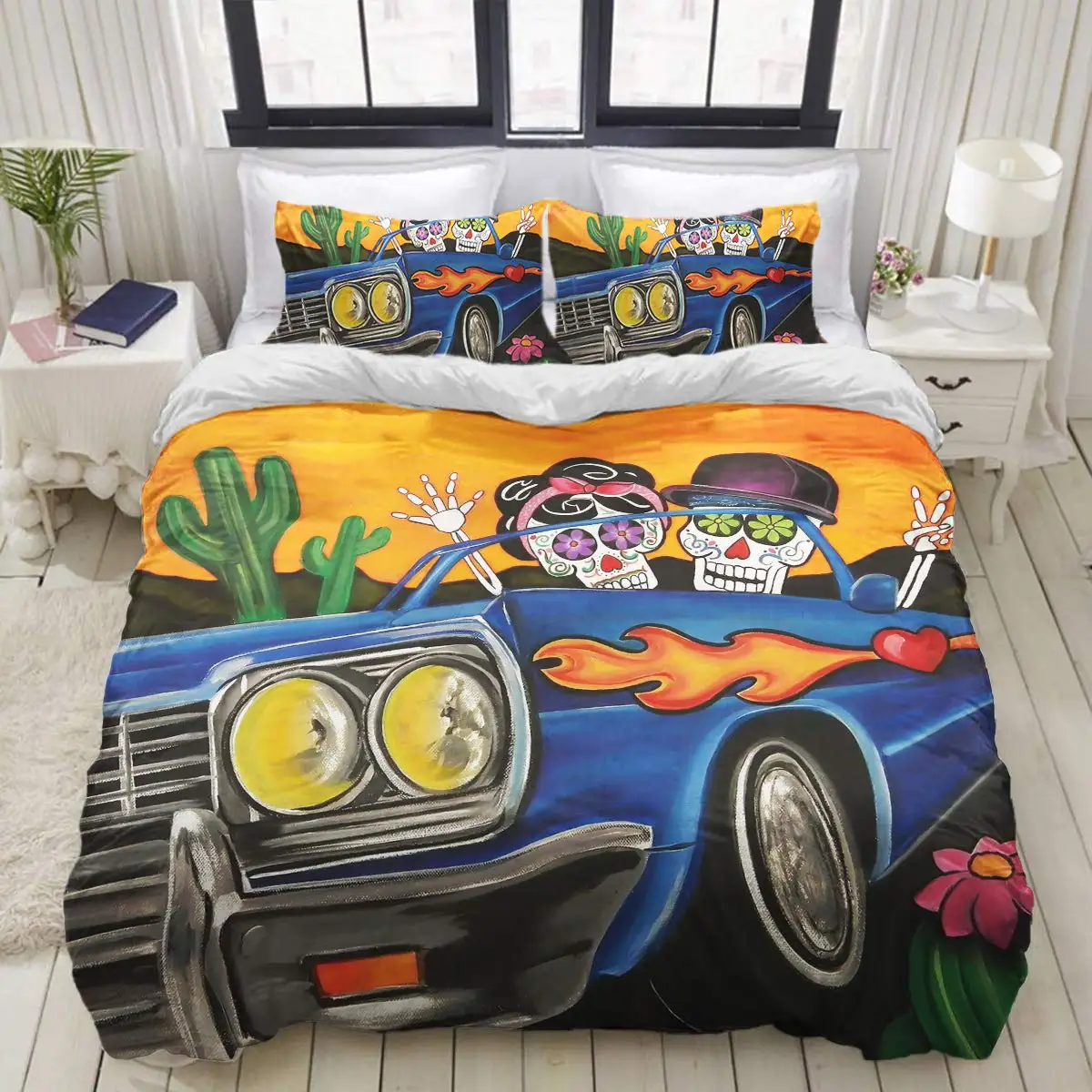 

Sugar Skull Duvet Cover Cartoon Skeleton Blue Car for Kids Teens Adults Halloween Day of The Dead Quilt Cover Bedroom Decoration