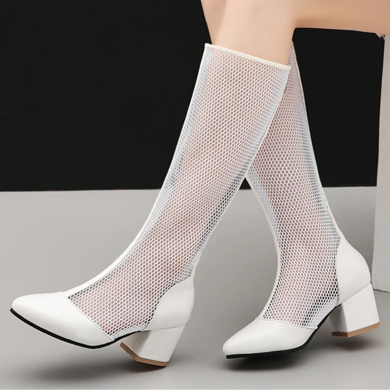 

White Mesh High Boots for Women Fashion Zipper Black White Women's Knee High Boot Breathable Party Long Summer Shoes Big Size 45