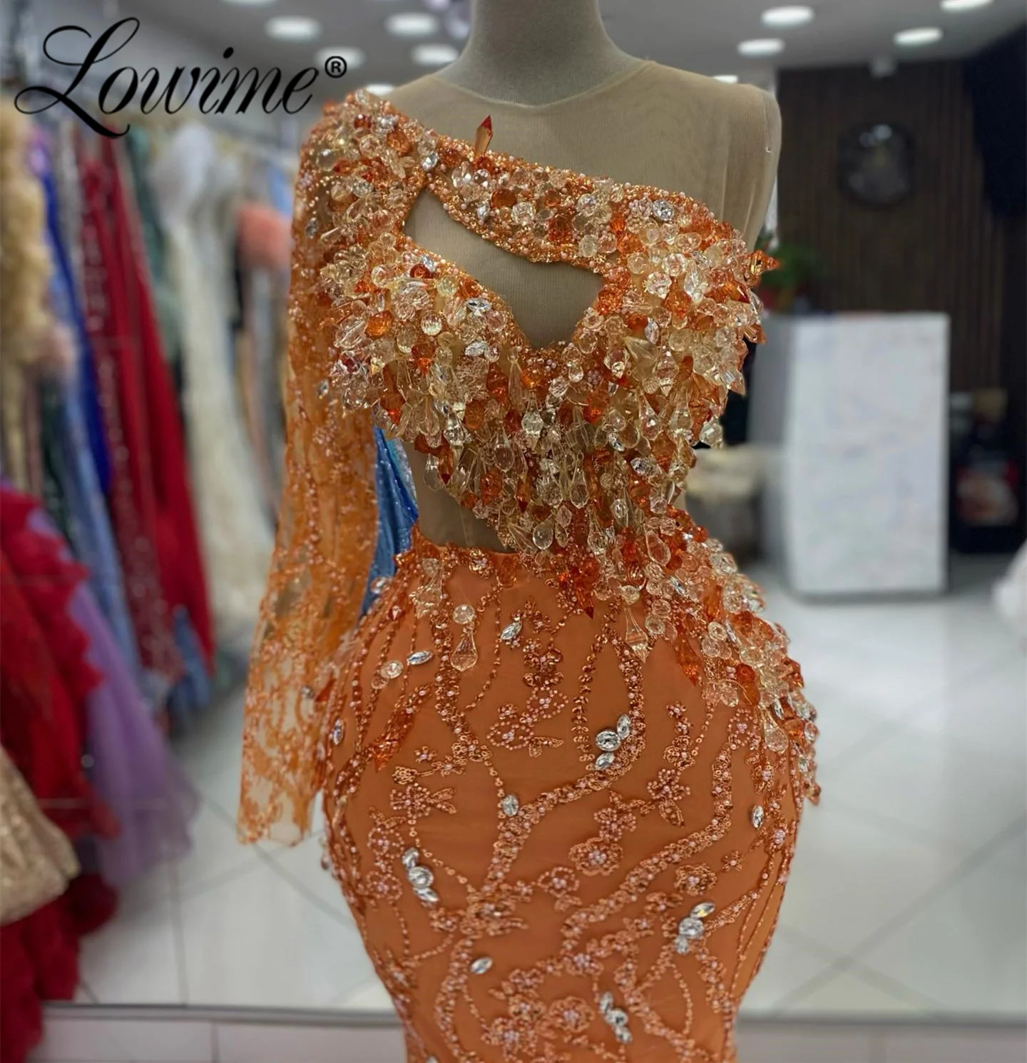 Crystals Orange Aso Ebi Mermaid Prom Dress One Shoulder Sequined Lace Evening Gowns Party Second Reception Dresses Custom Made