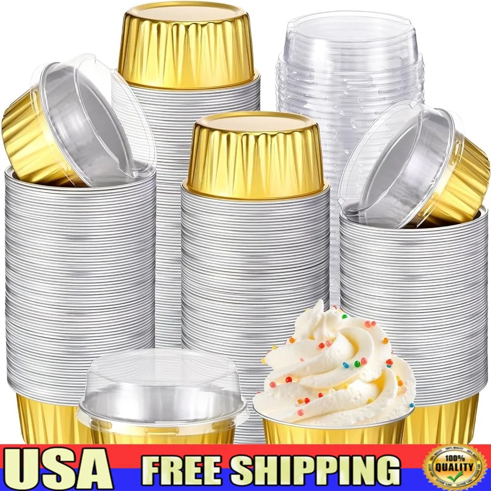 

400 Pcs Aluminum Foil Baking Cups with Lids 5 oz Disposable Ramekins Mini Cake Pans Creme Brulee Cupcake Liners Muffin Tins Flan
