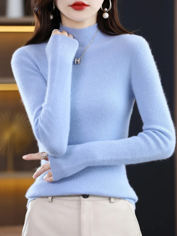 100% Pure Merino Wool  Women's Mock-neck Pullover Spring Autumn Casual Knitted Clothing Slim Strip Top Solid Color  Jacket