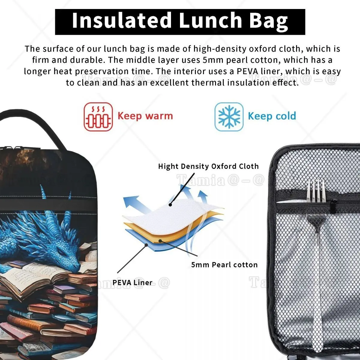 Cute Dragon Sleeping On A Book Insulated Lunch Bag for Women Kids Leakproof Food Boxes Thermal Lunch Box Tote