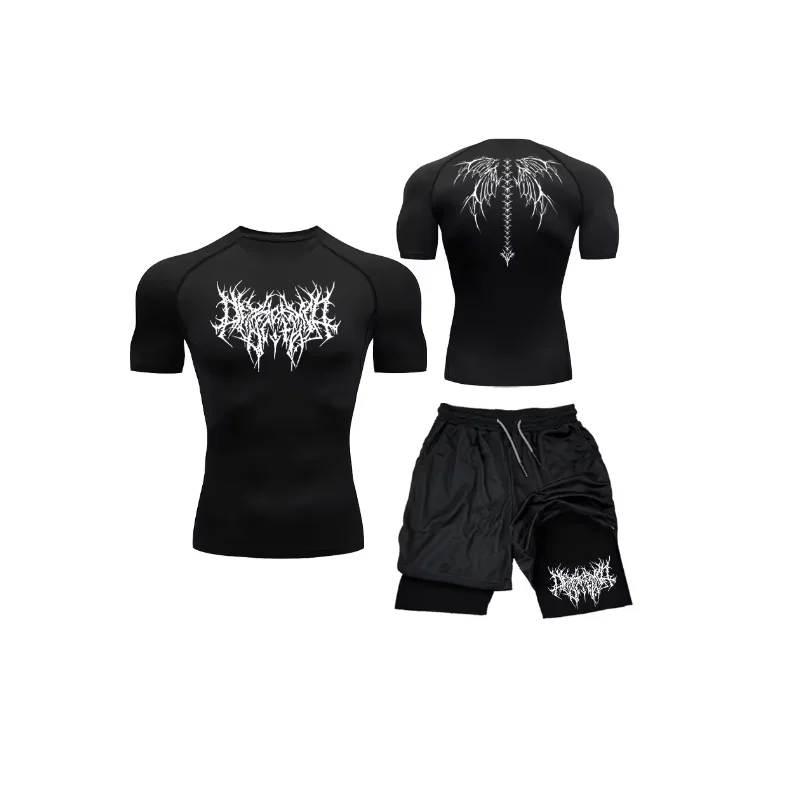 

New Compression Set Y2K Print Sportwear for Men Quick Dry Gym Shorts+Shirt 2PCS Running Workout Summer Rashguard Sport Suit
