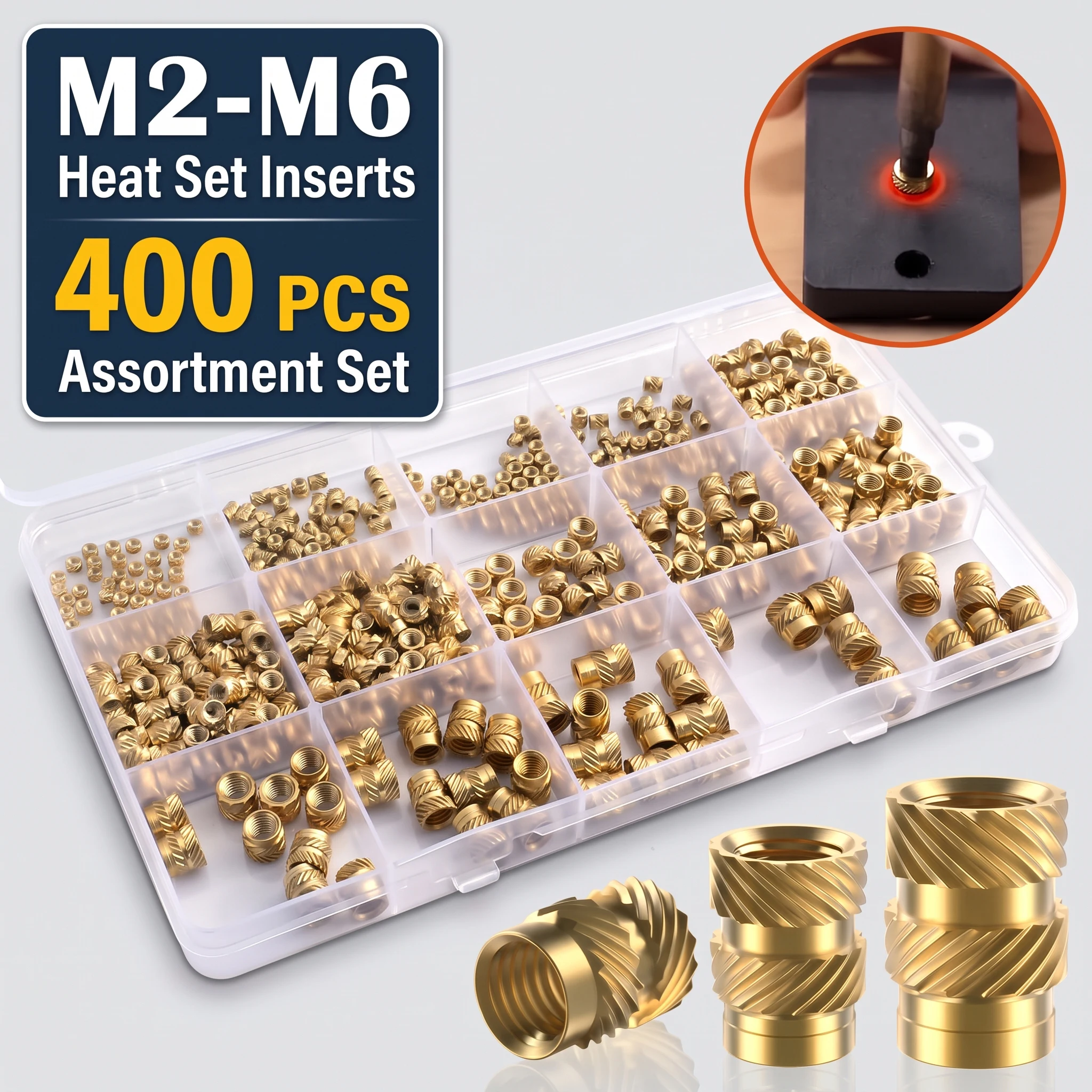M2 M3 M4 M5 M6 Brass Threaded Heat Set Inserts Assortment Kit, Knurled Nuts for 3D Printing Plastic Embedding