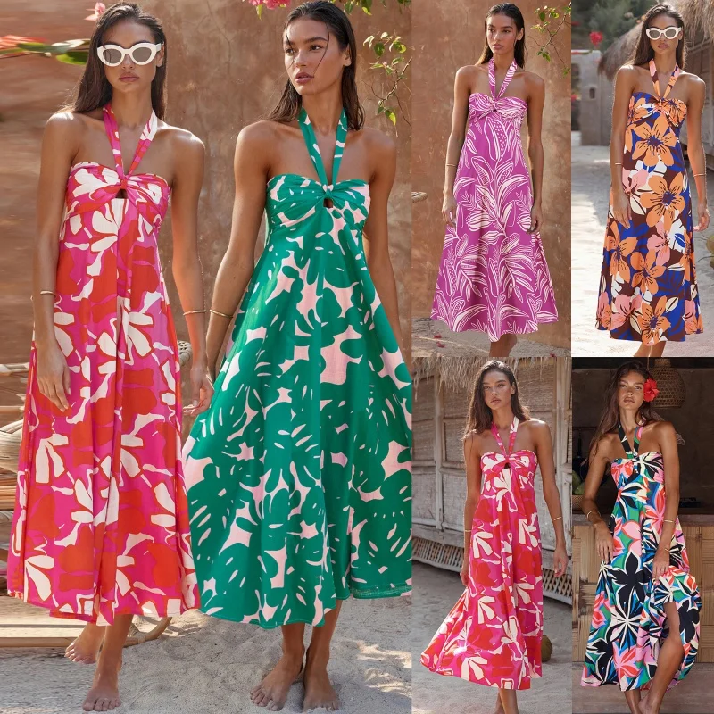 

2024Summer Dress Sexy Halter Dress Bohemian Printed Maxi Dress for Women