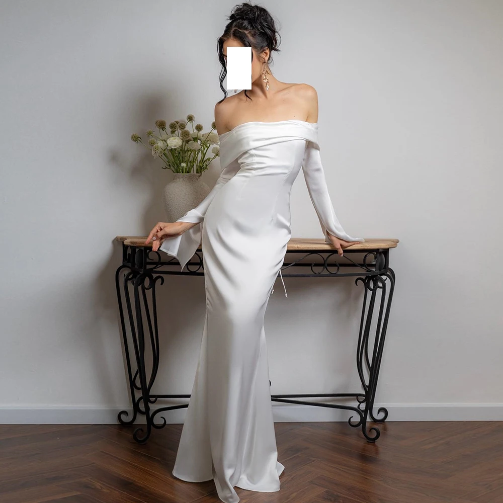 

Off the Shoulder Floor Length Satin 3/4 Sleeves Straight Sweep Train Pleats Solid White Elegant Dresses For Formal Occasions