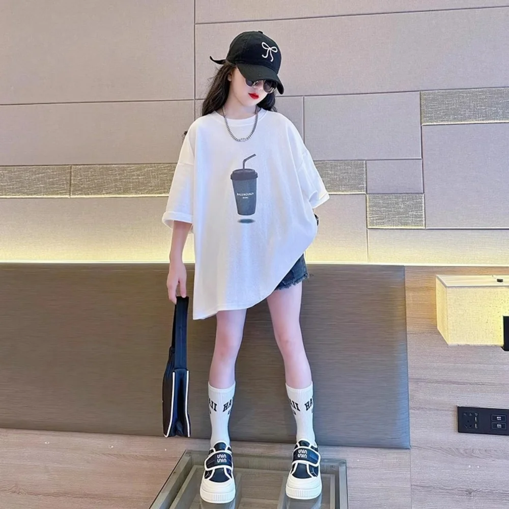 

Girls T-shirt white short-sleeved loose beach spring and summer fashionable casual fresh sweet