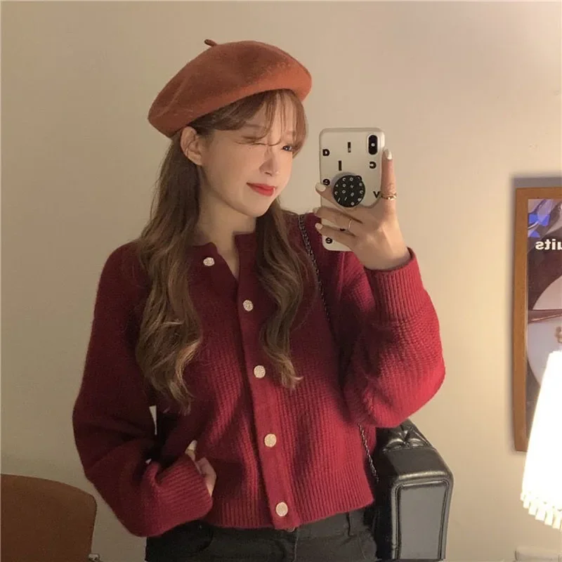 HELIAR Korean Sweet Cardigan Women Long Sleeve Fashion Elegant Knitted Tops Casual O Neck Single Breasted Female Casual Cardigan