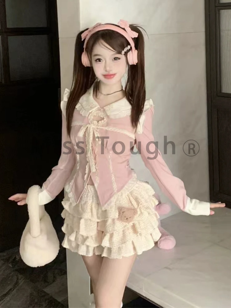 Rosa giapponese Kawaii due pezzi Set donna coreano dolce partito minigonna vestito femminile colletto Peter Pan top + gonna carina 2024 nuovo