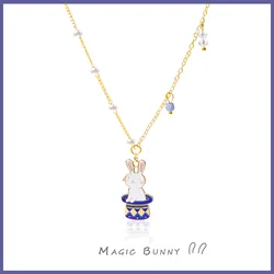 Japanese Cute Bunny Blue Magic Hat Choker Pearl Chain Necklace Alice In Wonderland Rabbit Necklace for Women Jewelry Wholesale