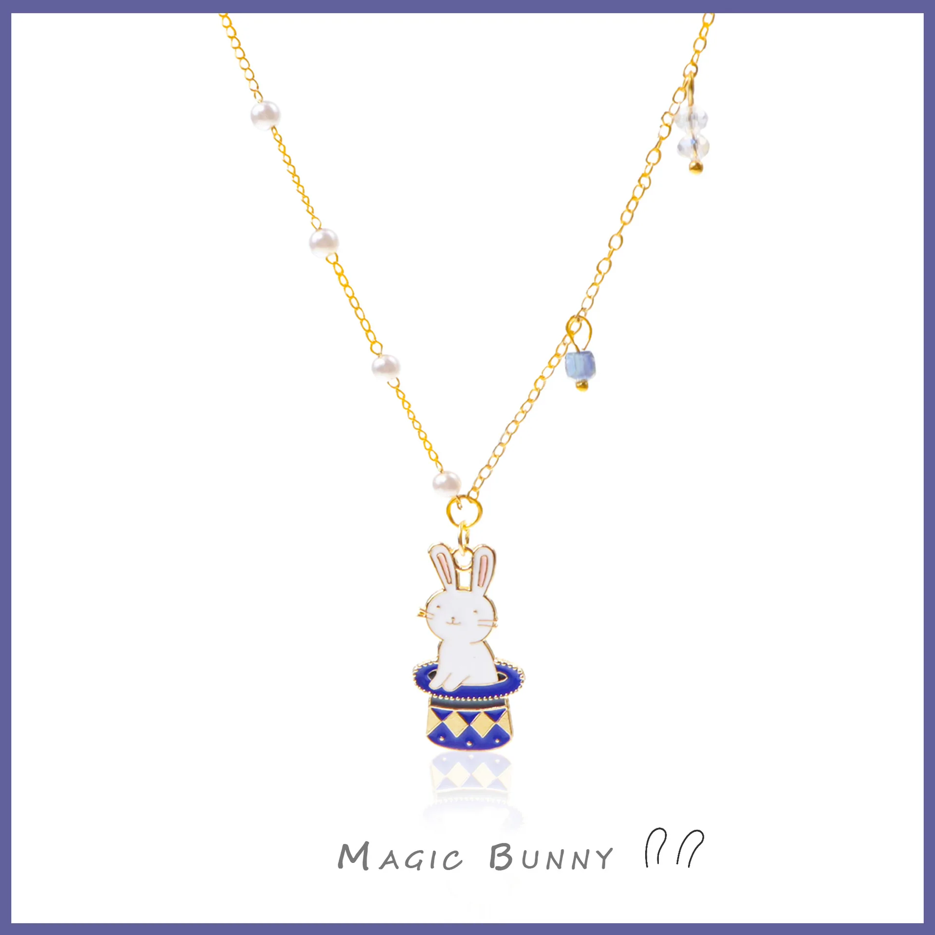 Japanese Cute Bunny Blue Magic Hat Choker Pearl Chain Necklace Alice In Wonderland Rabbit Necklace for Women Jewelry Wholesale