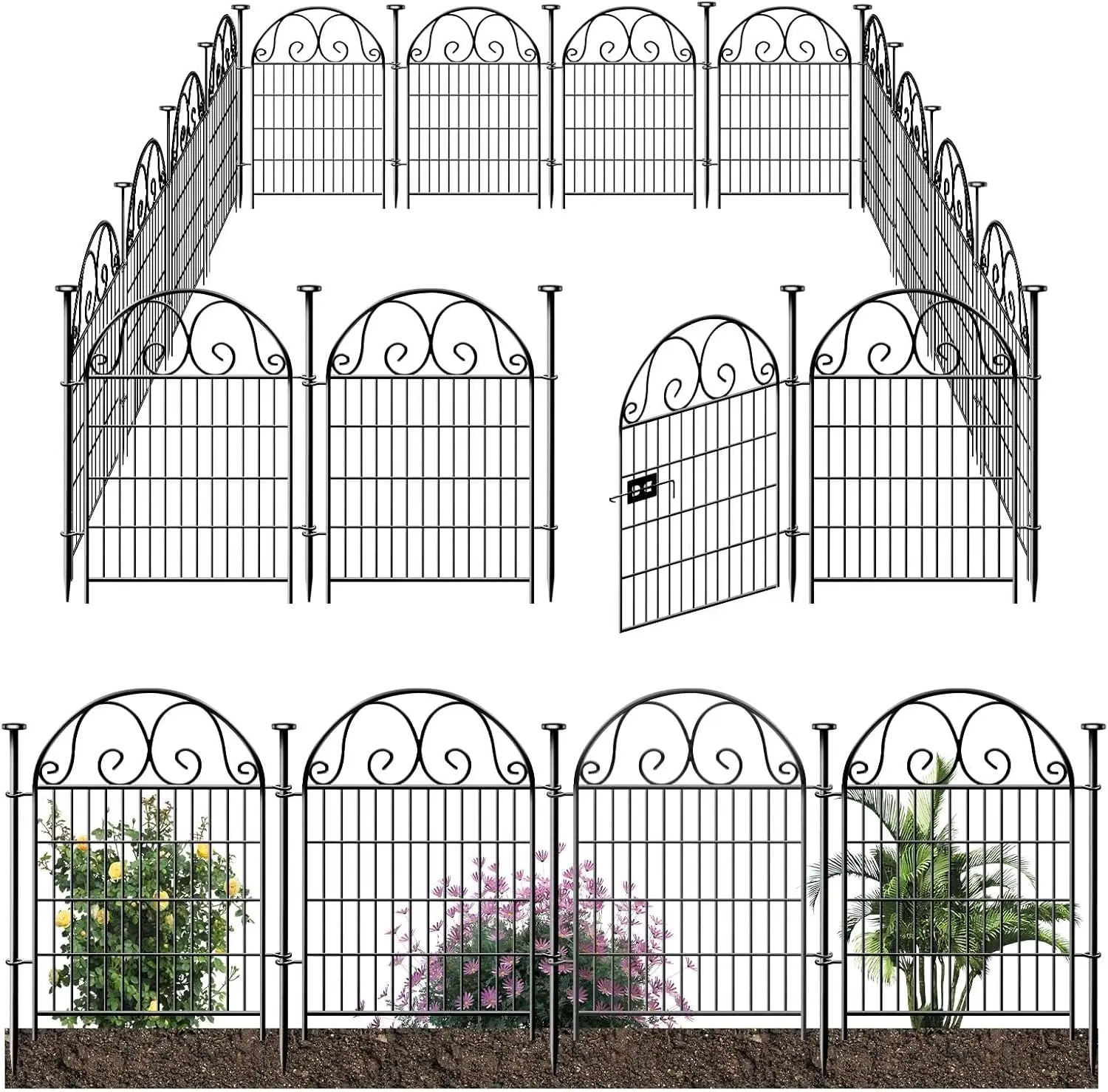 Tall Garden Animal Barrier Fence with Gate, 36 in(H)×30.6 Ft(L) 14 Panels Dog Digging Fence Barrier, Black Heavy Duty Metal