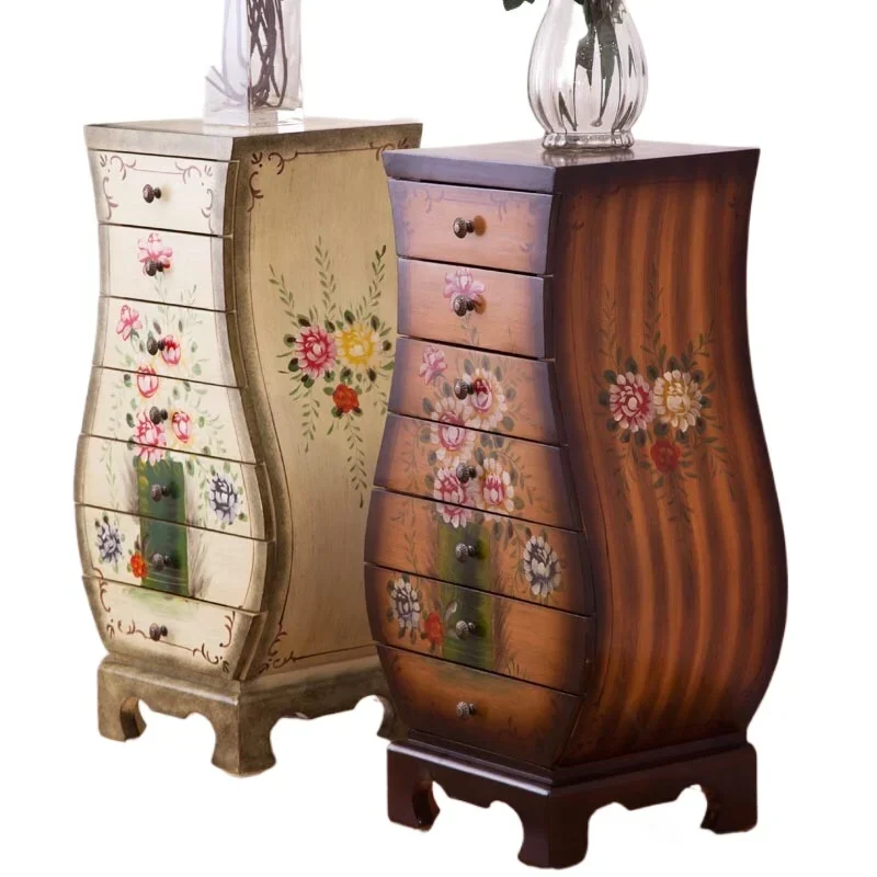 ** Armário americano retrô tradicional de madeira maciça com sete gavetas, cozinha, sala de estar, vaso de armazenamento decorativo