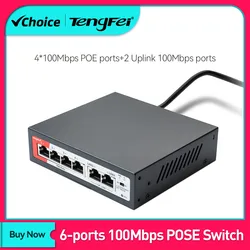 TengFei POE Switch 6Port 100Mbps Switch 4 PoE+2 UpLink With Internal Power Office Home Network Hub for IP Camera with Phone