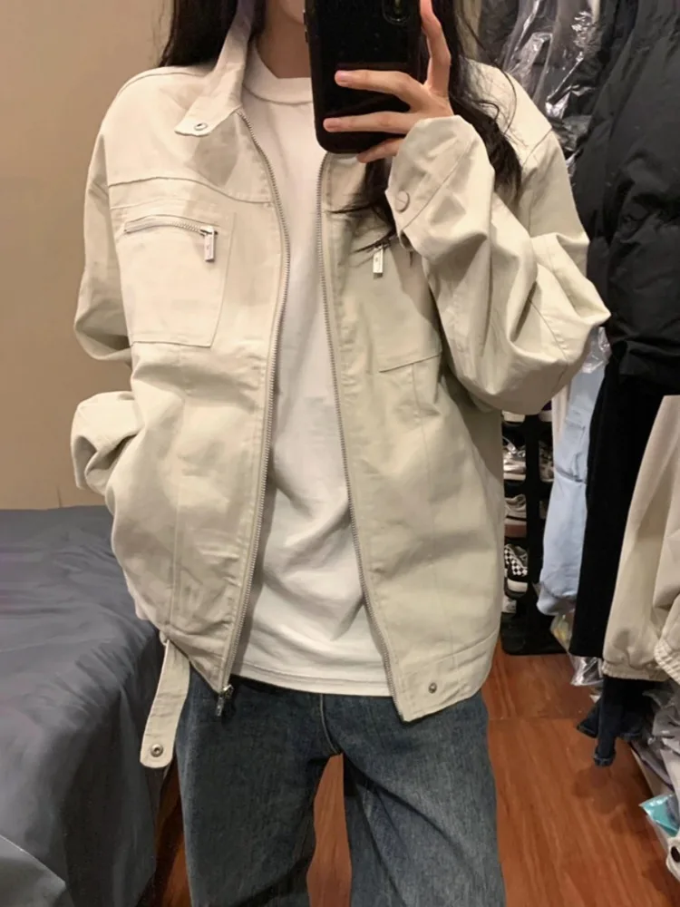 Autumn American Retro Multi-Pocket Stand Collar Design Jacket Women Casual Loose Fashion Coat Female Y2K Harajuku Outerwear New