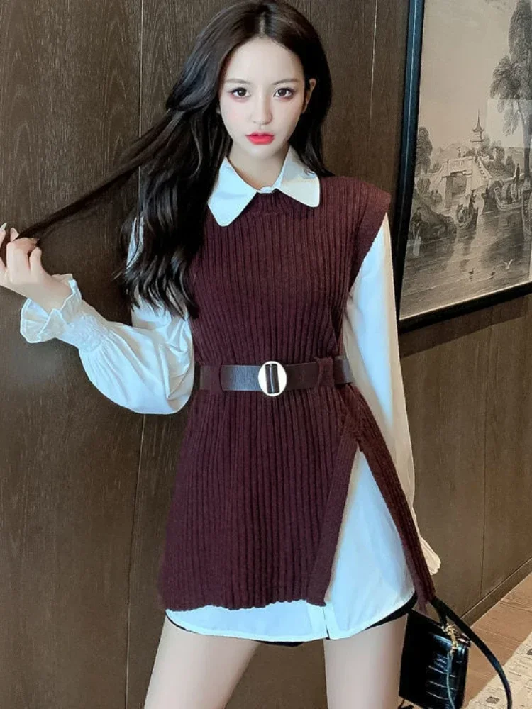 Knit Sweaters Blouse Set Women Two Piece Suit Full Spring Shirt Knitted Vest Korean Belt Elegant Tops White Lace Up Autumn Y2k