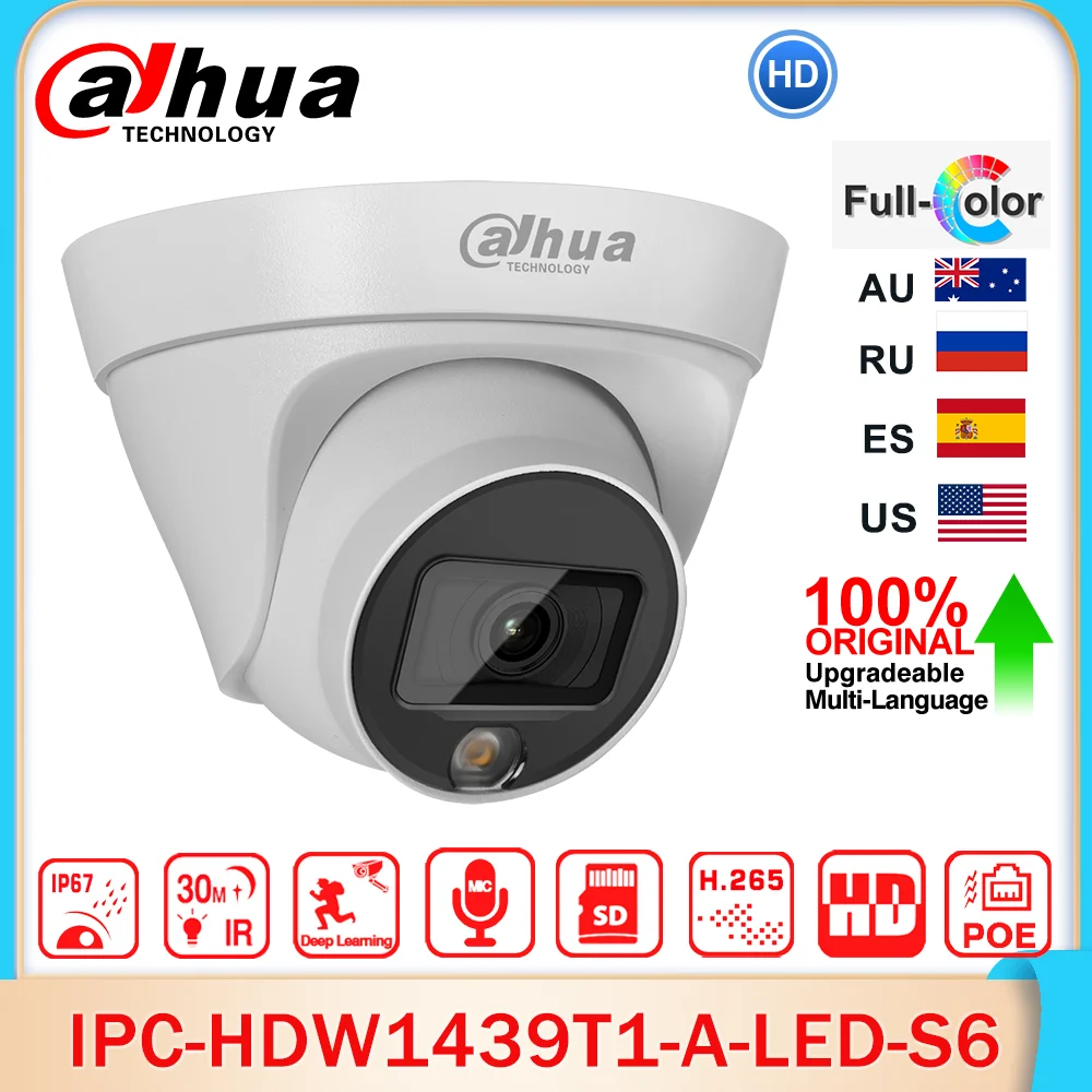 Dahua Original IPC-HDW1439T1-A-LED-S6 4MP 2560×1440 Entry Full Color Fixed-focal Eyeball Network POE IP Camera Built-in MIC IP67