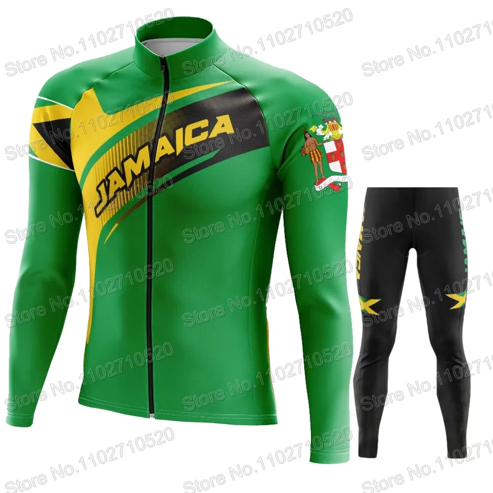 Team JAMAICA Cycling Jersey 2023 Set Long Sleeve Retro Green Long Sleeve Vintage Clothing Road Race Bike Jacket Suit MTB Maillot