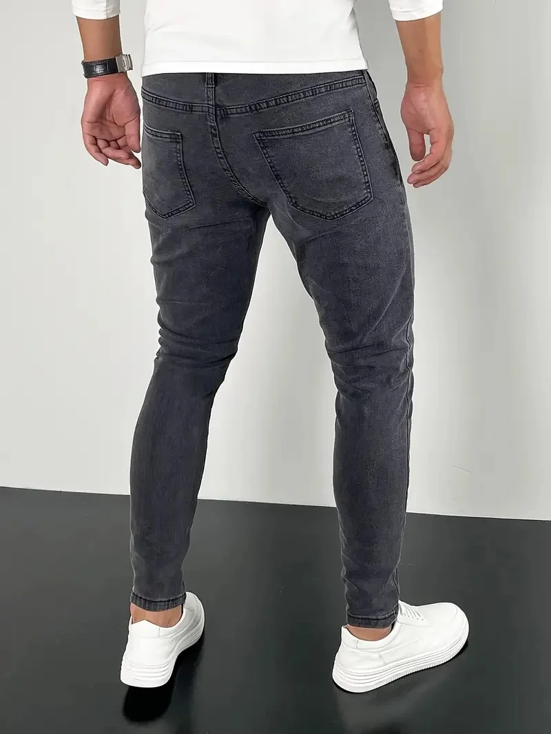 Pantalones vaqueros ajustados grises de estilo callejero a la moda para hombre, pantalones vaqueros lisos con lavado Vintage, pantalones vaqueros ajustados informales para hombre, gran oferta