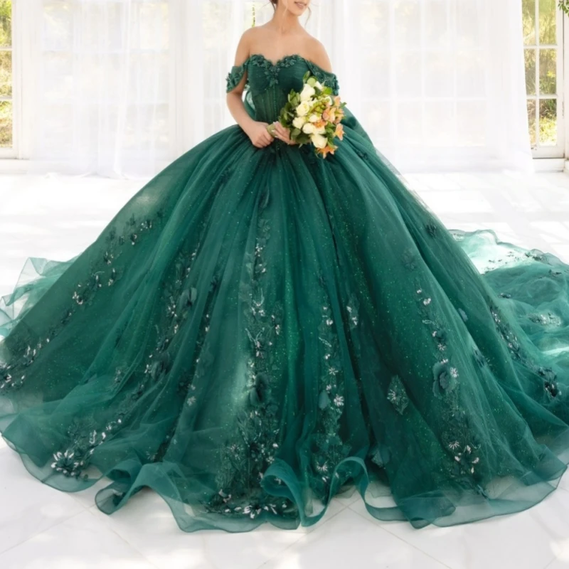 

Blackish Green Shiny Quinceanera Dresses Ball Gown Off The Shoulder Applique Flower Beads Bow Tull Party Birthday Sweet 16 Dress
