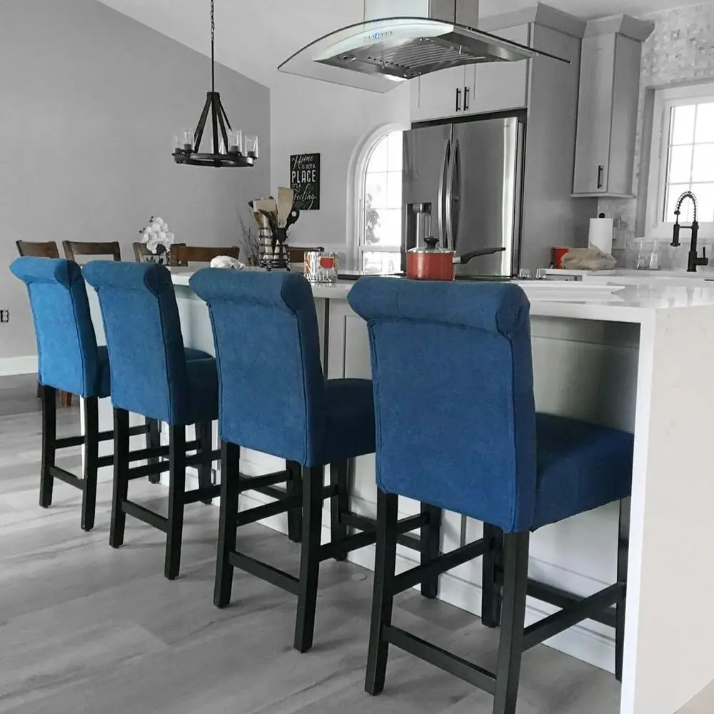 Set of 4 Blue Fabric Upholstered Counter Height Stools with Backs and Solid Wood Legs for Kitchen Island Dining