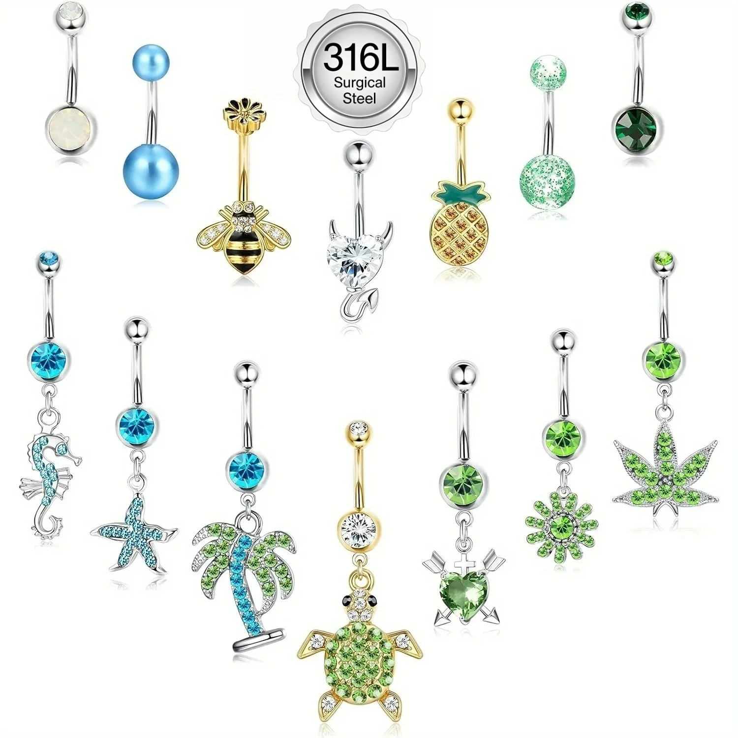 Drperfect 1Pcs Surgical Steel Belly Button Rings for Women Cute Navel Rings Body Piercing Jewelry Dangle Belly Button Ring Set